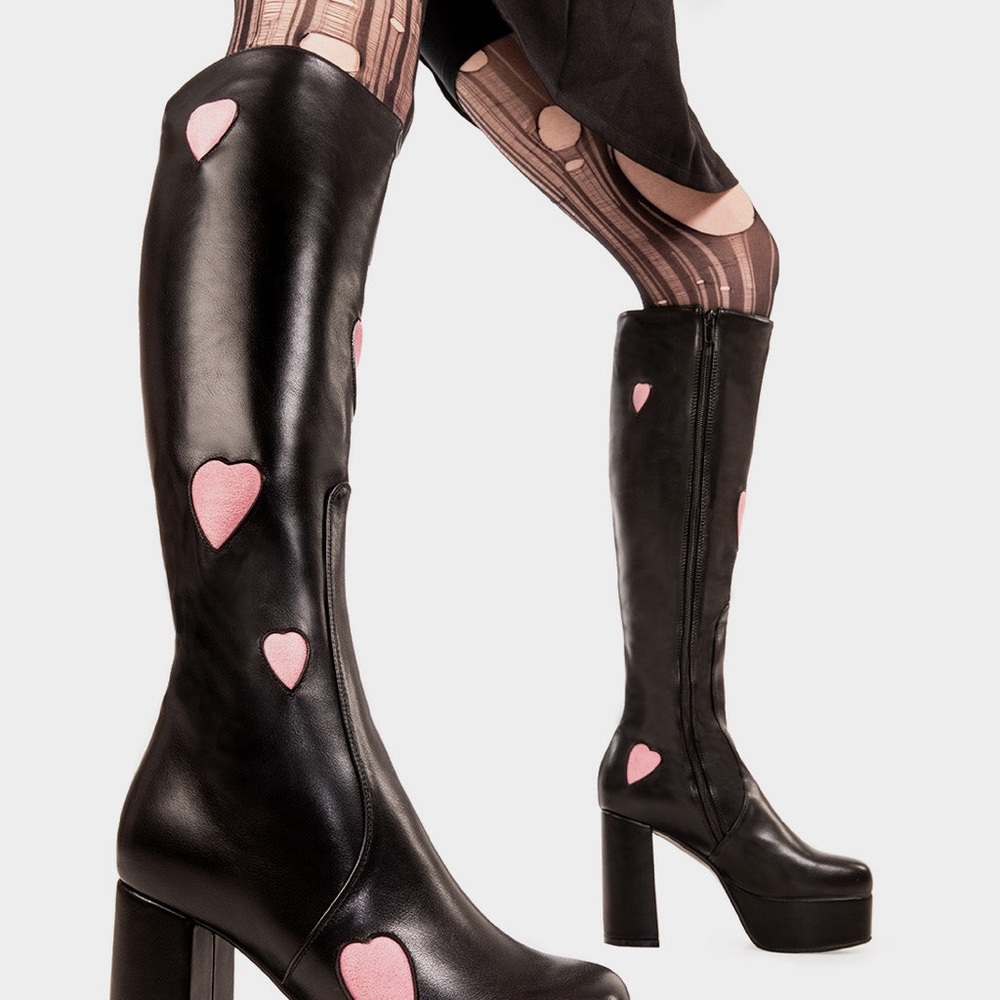 LA MODA CANDYFLOSS LOVE BLACK PLATFORM KNEE HIGH BOOTS - SIZE US W7
